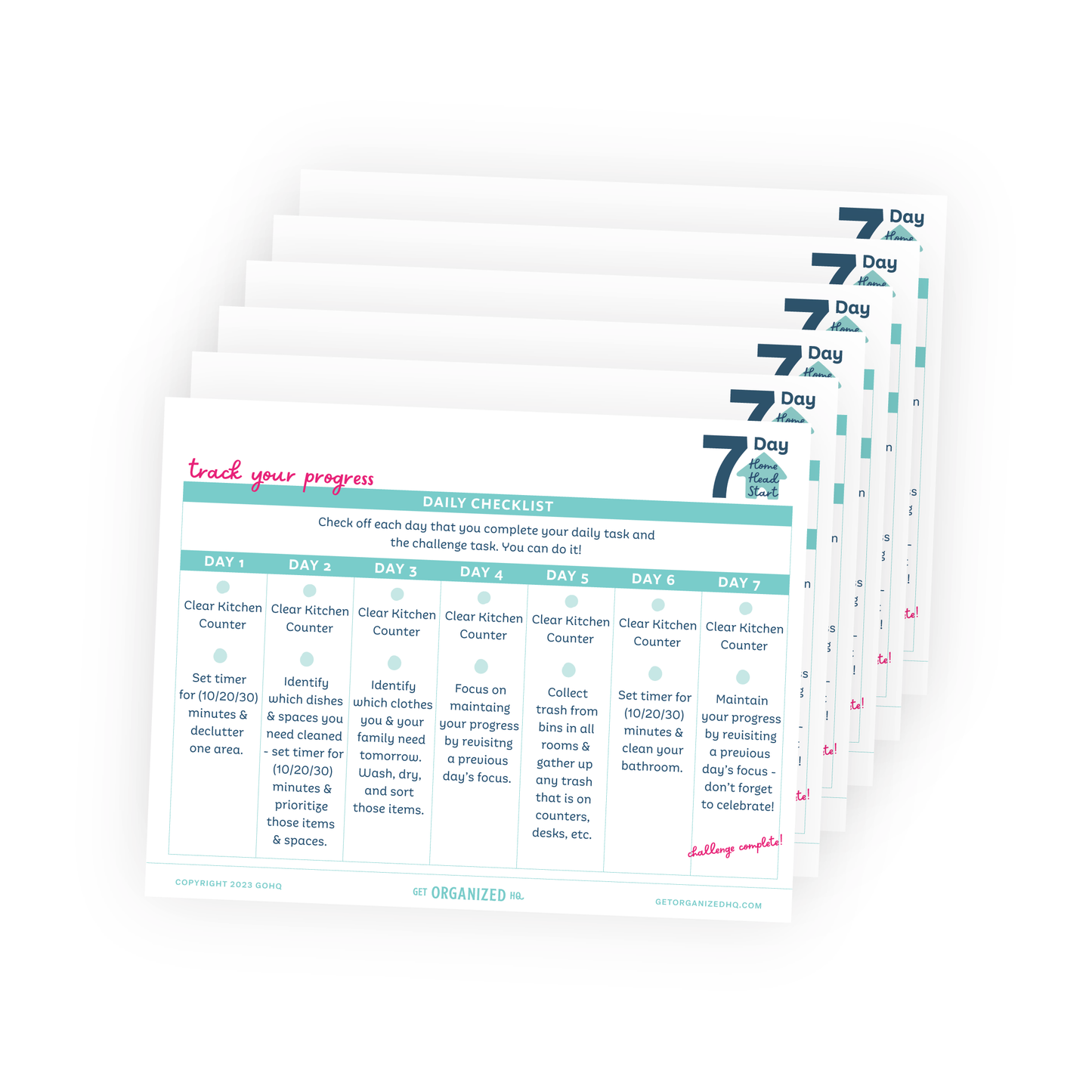 Multiple 7 Day Home Head Start printable daily checklist progress trackers that list various productivity tasks to complete each day in a week