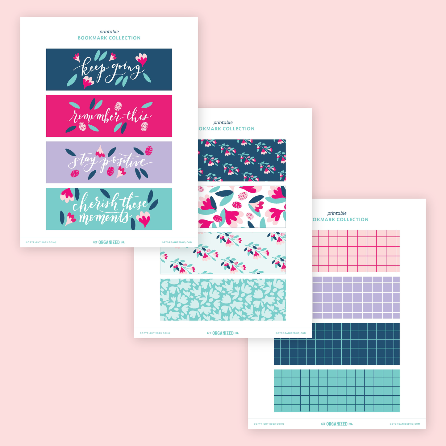 12 different printable bookmarks. Some have floral patterns, some with colorful grid patterns, and some with inspirational quotes and floral accents.