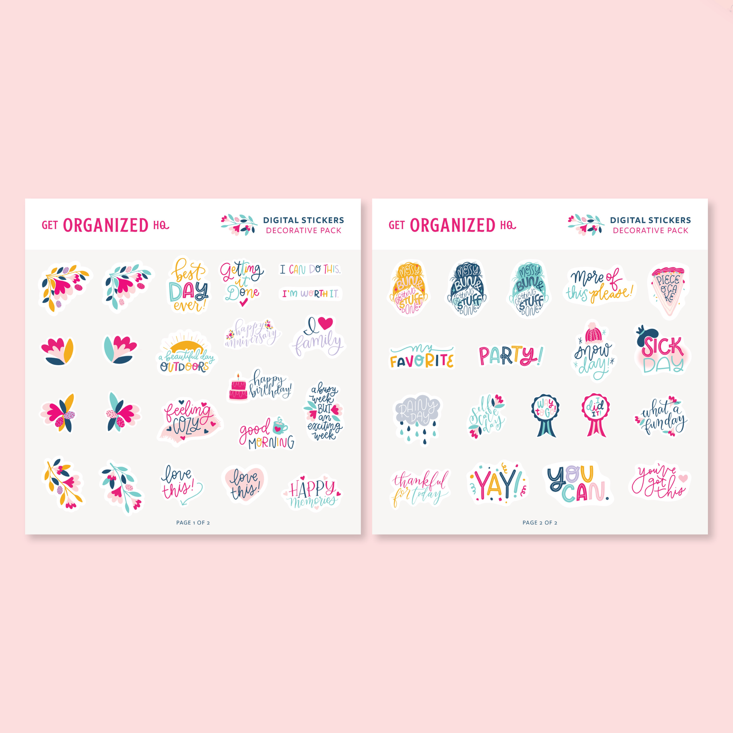 A full view of both sheets of digital stickers