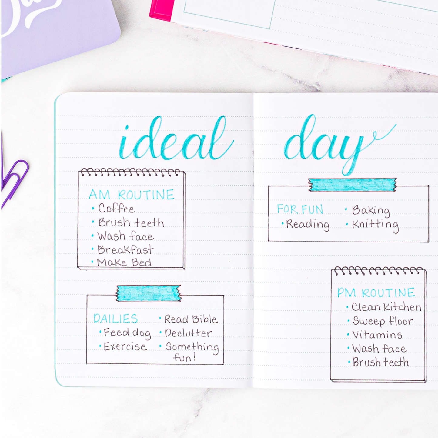 An "Ideal Day" list drawn into a mini notebook