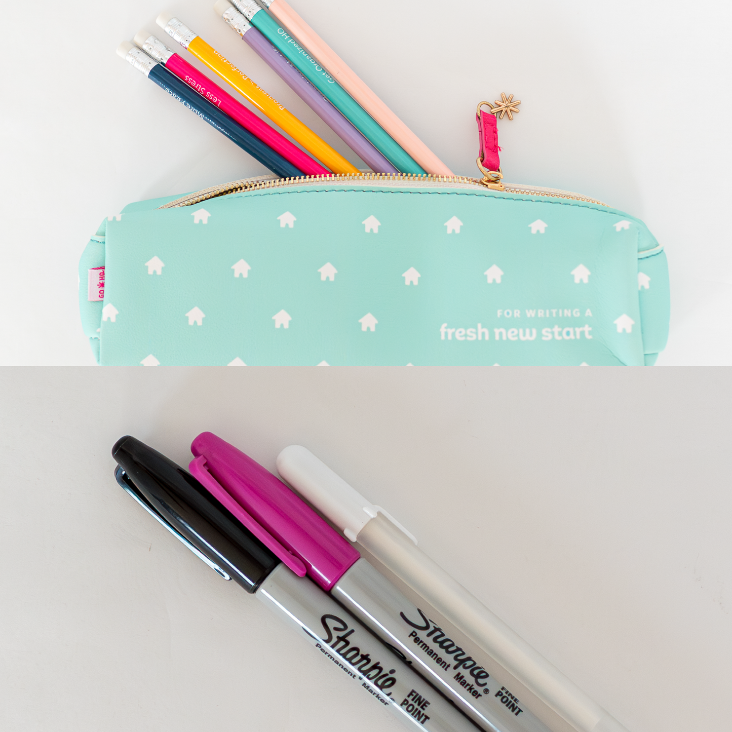 Pencil case with pattern and text, containing pens and markers on a white background
