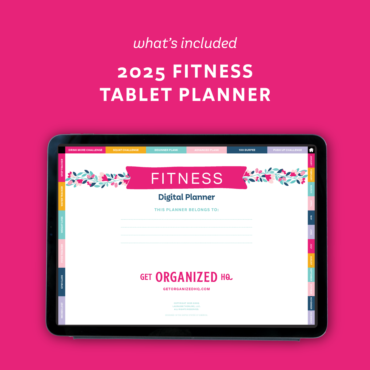 2025 Fitness Tablet Planner on a tablet with a pink background