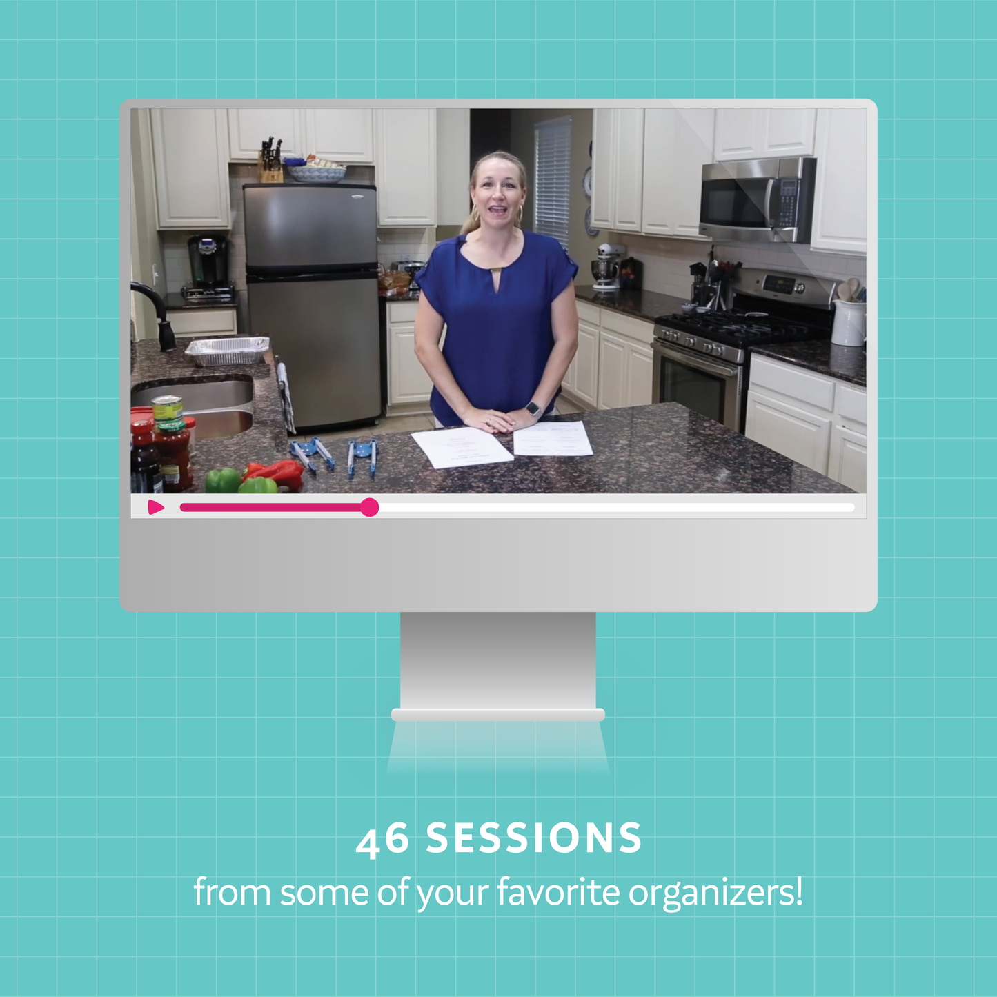 A mockup of a video of Erin Chase on a computer representing 46 sessions from some of your favorite organizers!
