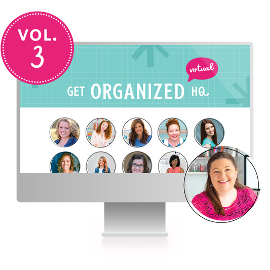 A computer mockup of Get Organized HQ Virtual Volume 3, with several speakers featured including Nikki Boyd, Jennifer Maker, Kayse Pratt, and Laura Smith
