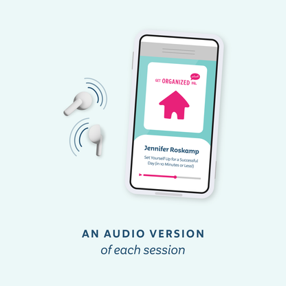 Smartphone displaying a podcast audio version of Jennifer Roskamp's session playing from earbuds, representing an audio version of each session.
