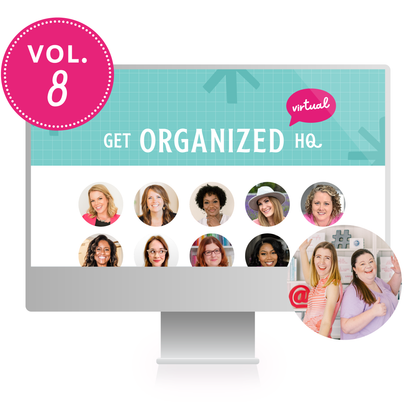 A computer mockup of Get Organized HQ Virtual Volume 8, with several speakers featured, including Cas Aarssen, Dawn Madsen, Tasha Lorentz and Laura Smith