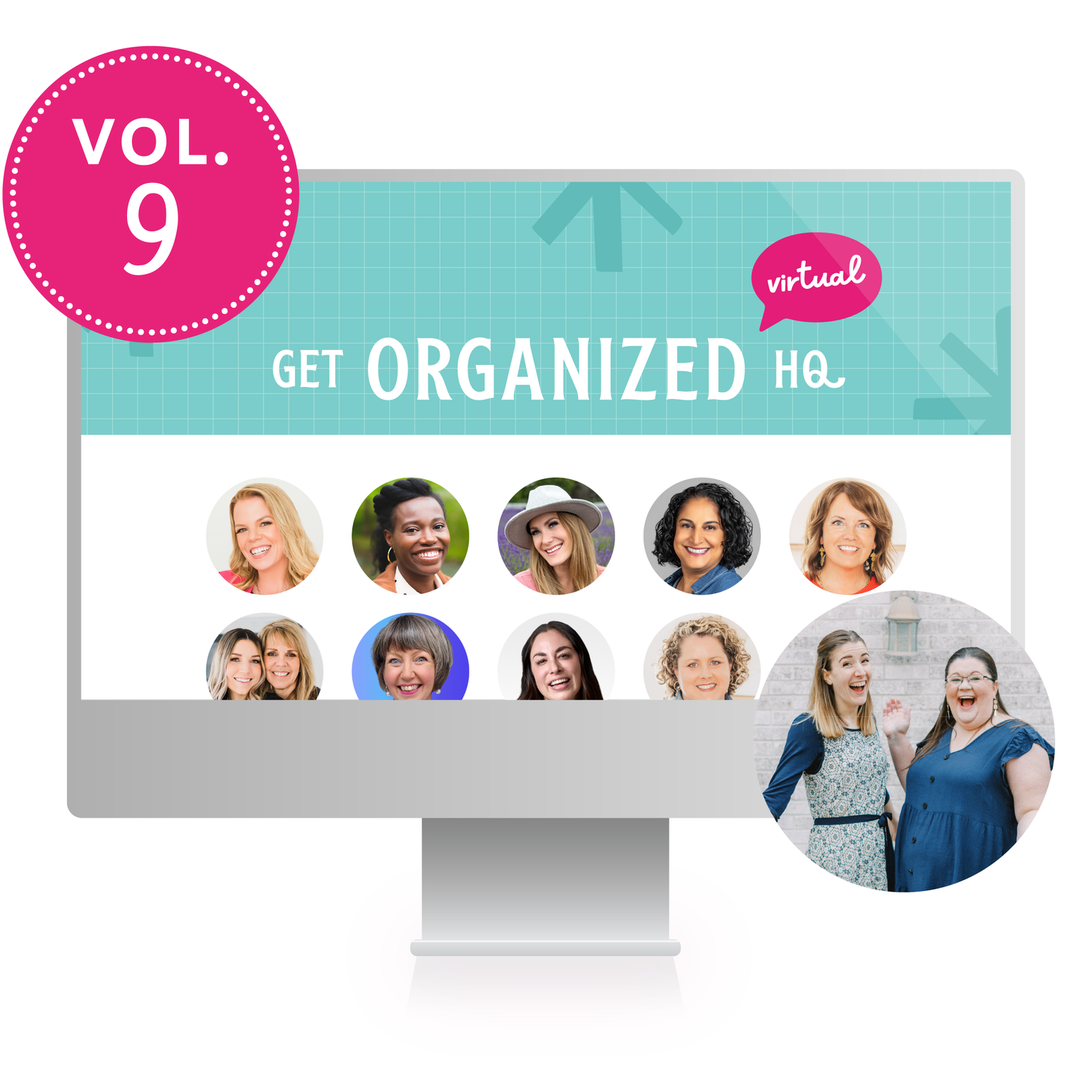 A computer mockup of Get Organized HQ Virtual Volume 9, with several speakers featured, including Cas Aarssen, Dawn Madsen, Tasha Lorentz,, and Laura Smith
