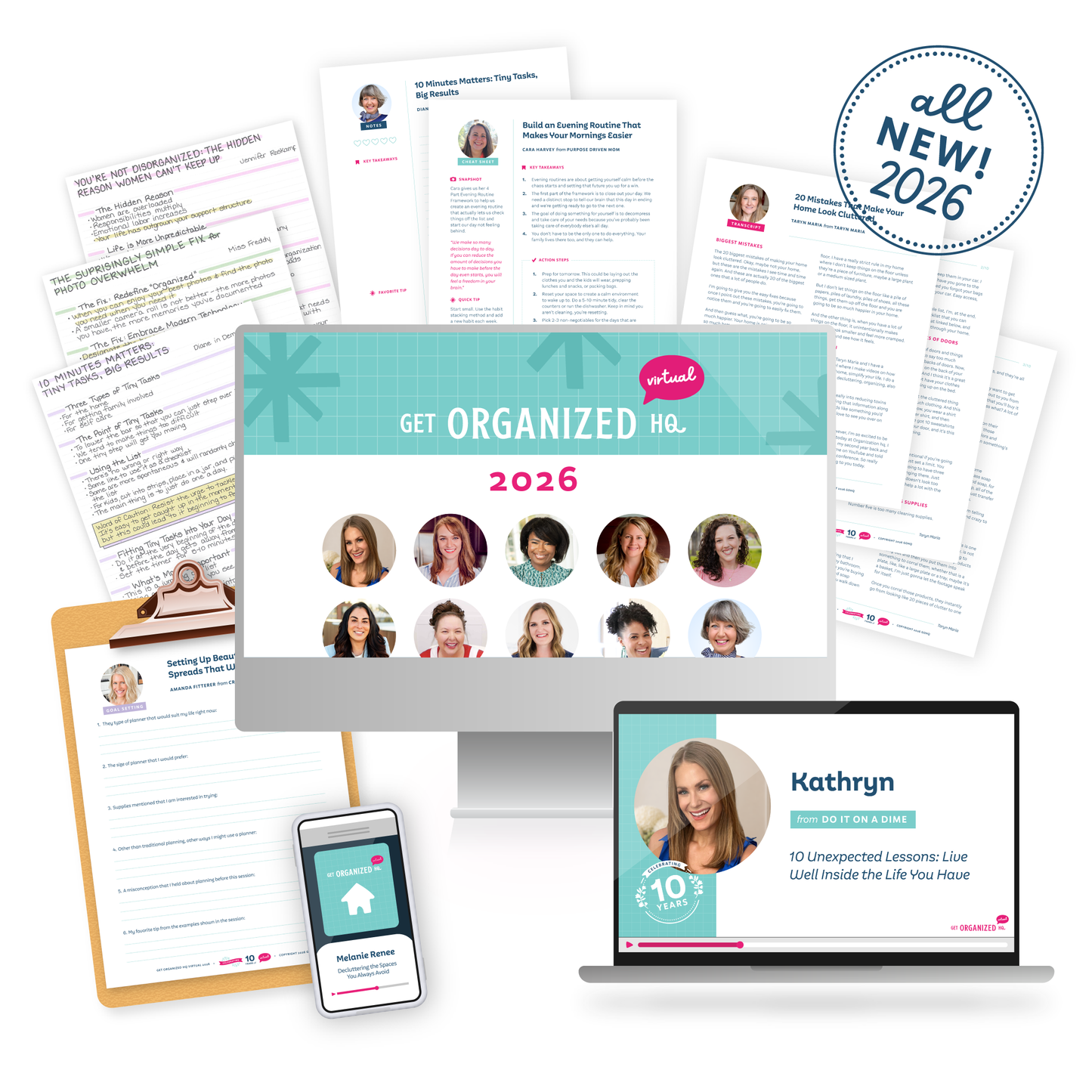 Digital product mockup showing a variety of devices displaying sessions and coordinating printables, with a circular badge that says 'all NEW! 2026'. The central screen reads 'GET ORGANIZED HQ Virtual 2026' with multiple speaker headshots.