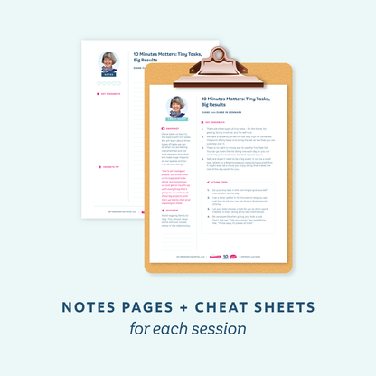 Two printed pages with a wooden clipboard holding the front page, shown on a pale blue background with the text 'NOTES PAGES + CHEAT SHEETS for each session'. The pages feature h a small headshot, blue and pink headings, and body text.