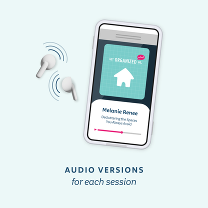 A smartphone mockup on a pale blue background showing a podcast or audio app screen with a teal card and white earbuds floating beside it. Text below reads 'AUDIO VERSIONS for each session.