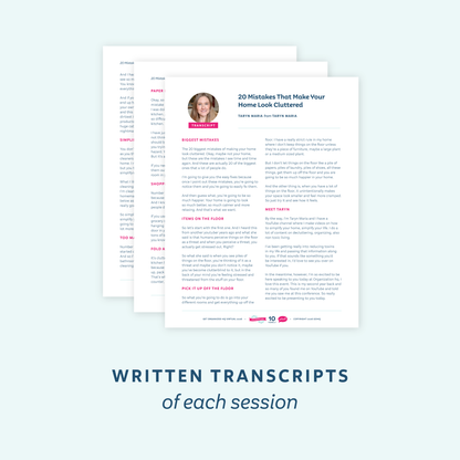 Three pages of printed transcripts are shown overlapping on a pale blue background, with large text below reading 'WRITTEN TRANSCRIPTS of each session.' The pages contain headings, body text, a small circular photo, and pink accent labels.