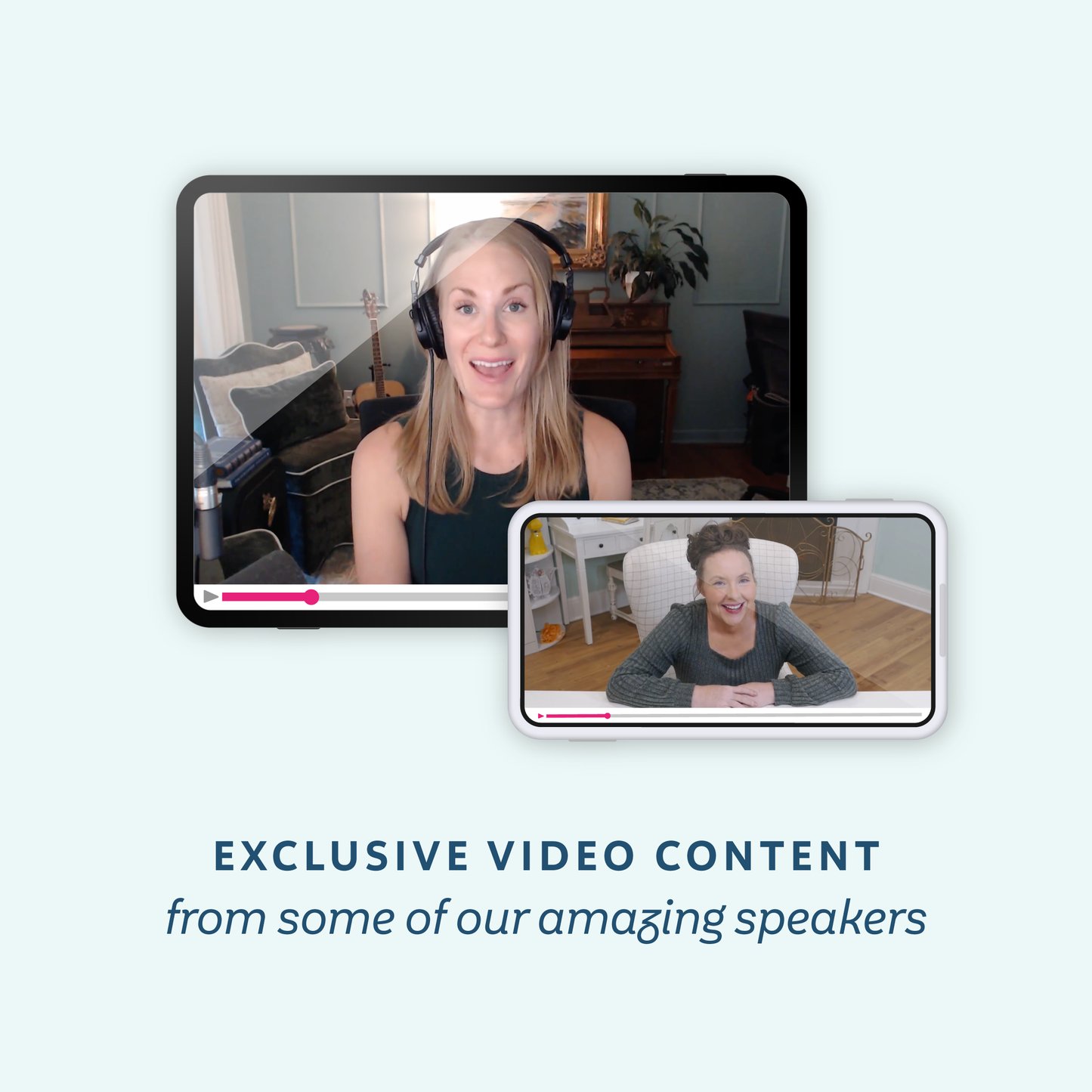 Promotional graphic showing two screens with videos from speakers, with the text 'EXCLUSIVE VIDEO CONTENT from some of our amazing speakers' on a pale blue background.