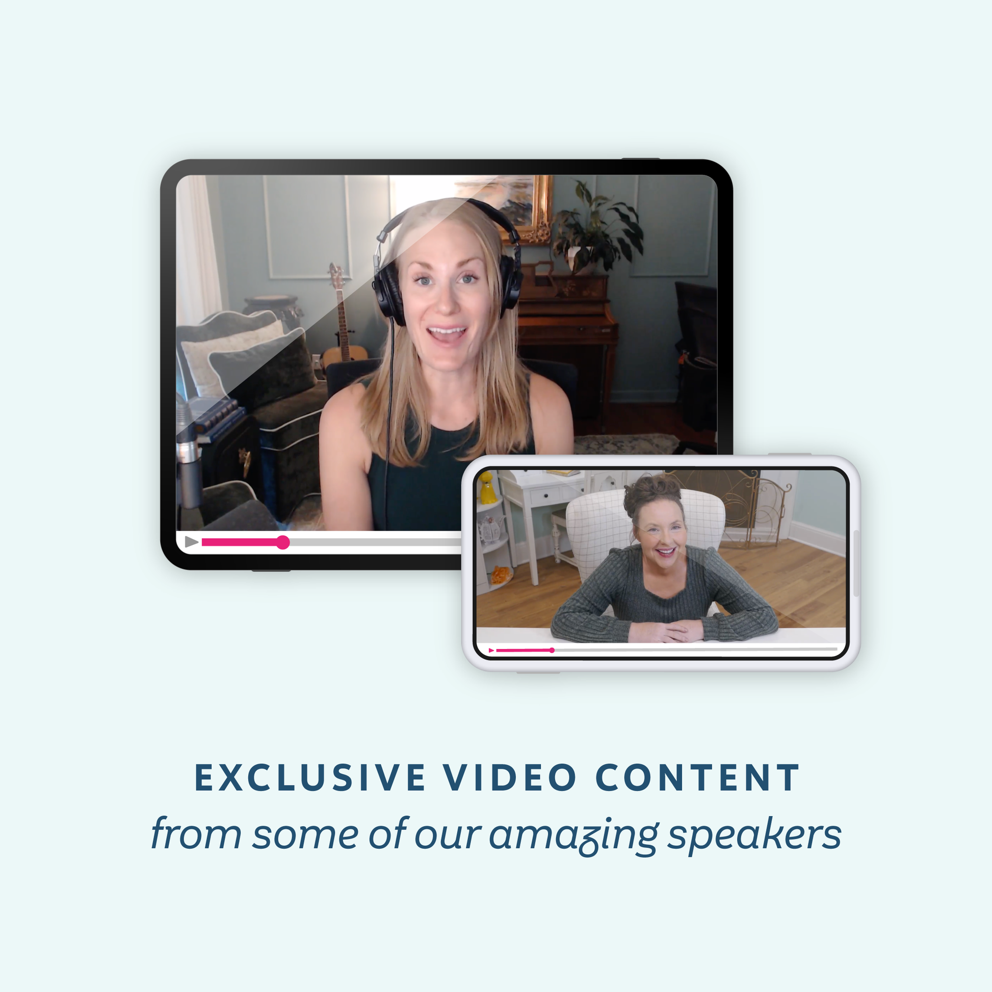 Promotional graphic showing two screens with videos from speakers, with the text 'EXCLUSIVE VIDEO CONTENT from some of our amazing speakers' on a pale blue background.