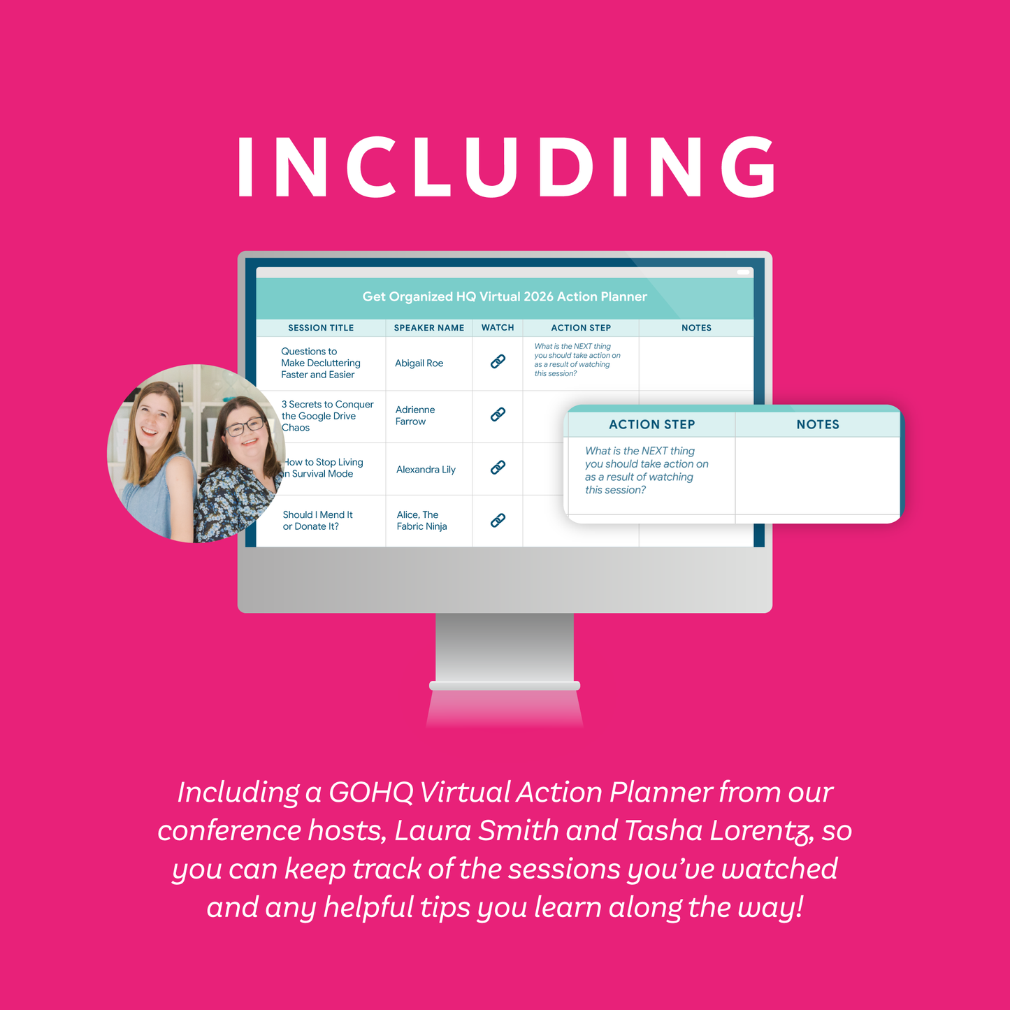 Promotional graphic on a bright pink background with the word 'INCLUDING' at the top, a computer monitor showing a planner interface, a picture of Laura and Tasha, and descriptive text about a GOHQ Virtual Action Planner.