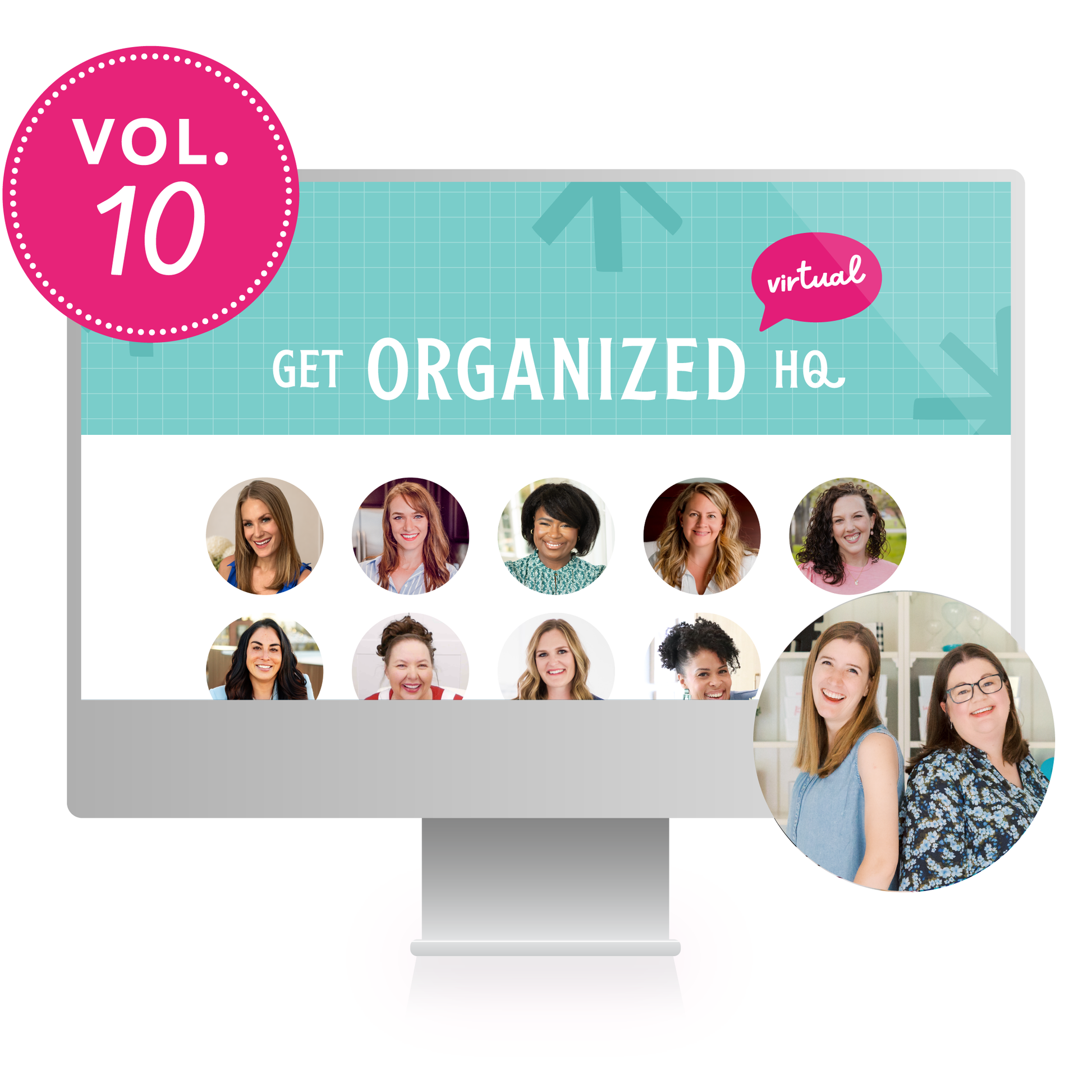 A digital mockup of a computer monitor displaying speakers from Get Organized HQ Virtual Volume 10.