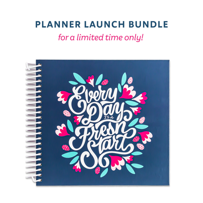 'Planner Launch Bundle for a limited time only' and a photo of the navy planner.