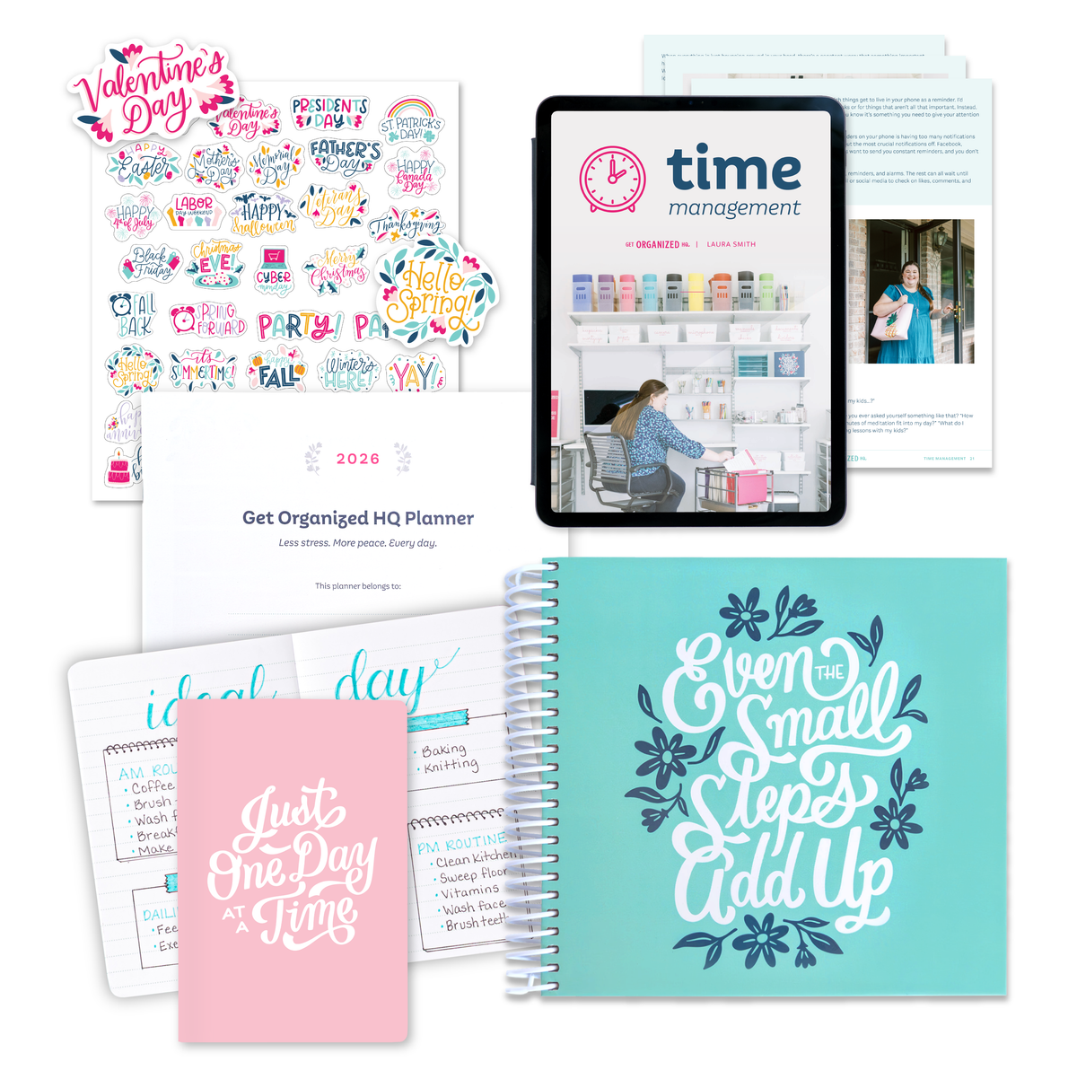 A mockup of everything included in the planner launch bundle together in one image.