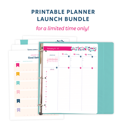 'Printable Planner Launch Bundle for a limited time only' and a mockup of the printable planner in a teal binder.