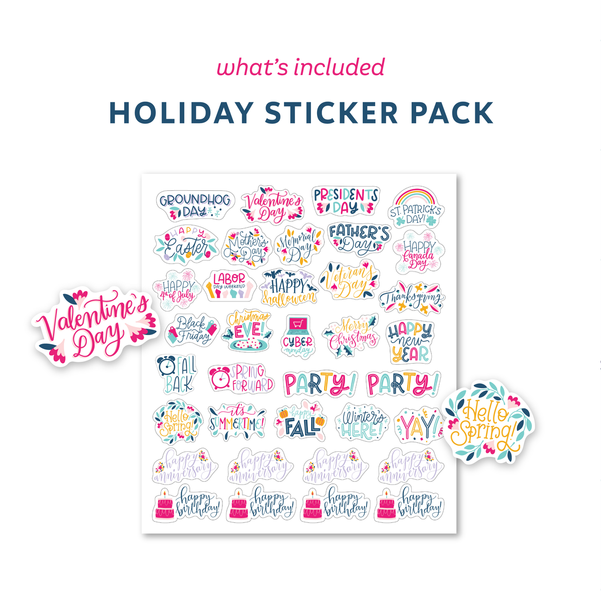 'What's included', 'holiday sticker pack', and a mockup of a sticker sheet with colorful holiday-themed stickers.