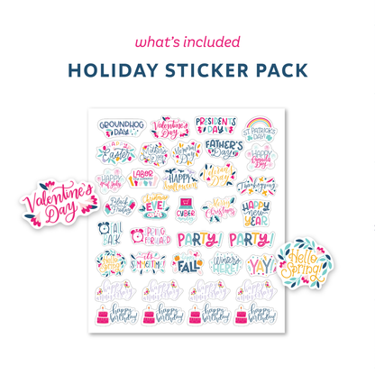 'What's included', 'holiday sticker pack', and a mockup of a sticker sheet with colorful holiday-themed stickers.