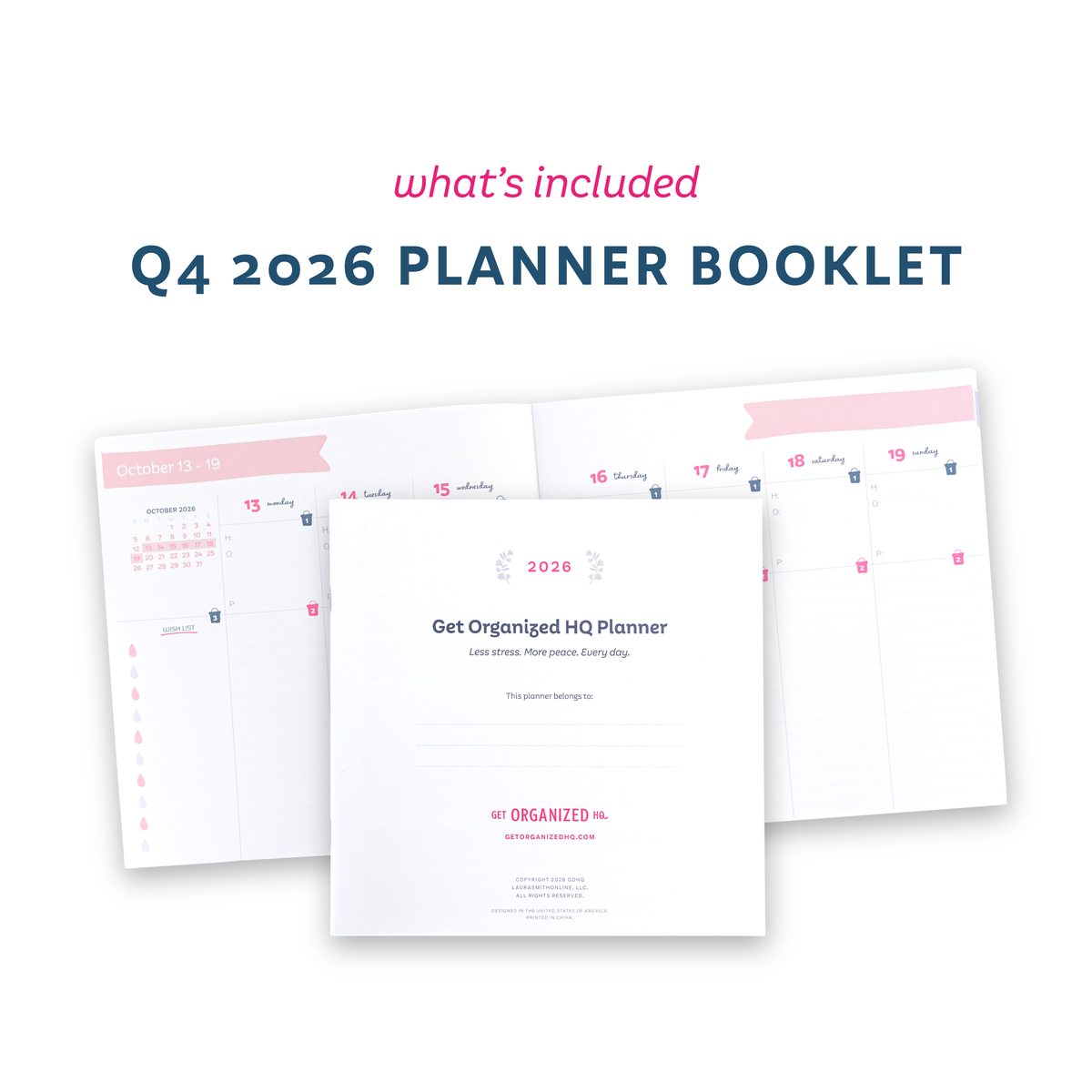 'what's included', 'Q4 2026 Planner Booklet', and a mockup of a planner booklet open to a week in October.