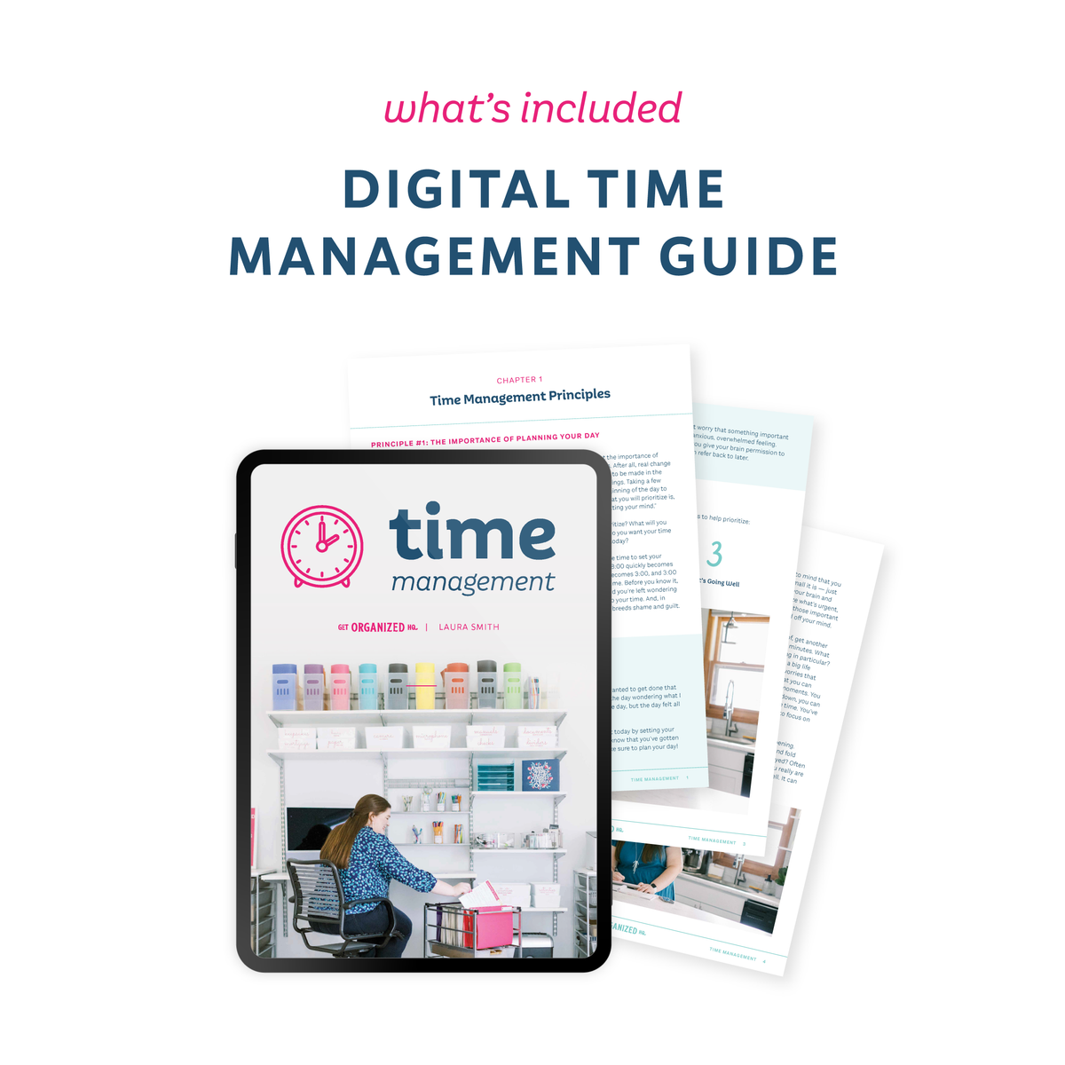 'What's included', 'Digital Time Management Guide', and a mockup of the guide on a tablet with other pages surrounding it.