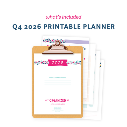 'what's included', 'Q4 Printable Planner', and a mockup of the planner in a clipboard.