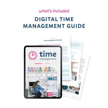 'what's included', 'Digital Time Management Guide', and a mockup of the guide on a tablet with other pages surrounding it.