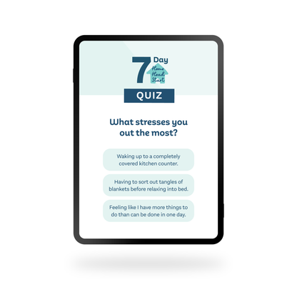 A quiz mocked up on a tablet that asks 'What stresses you out the most?'. Options are 'Waking up to a completely covered kitchen counter,' 'Having to sort out tangles of blankets before relaxing into bed,' and 'Feeling like I have more things to do than can be done in one day'