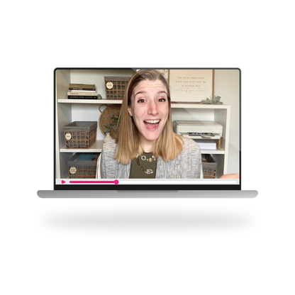 A mockup of a video on a laptop of Tasha talking in front of organized shelves
