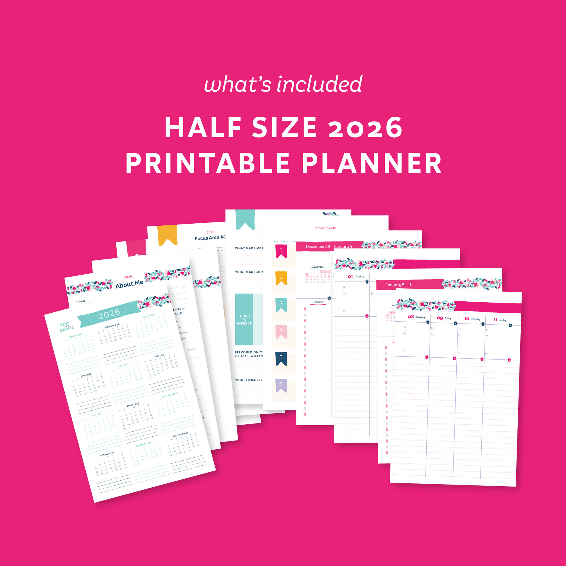 Half size 2026 printable planner sheets on a pink background