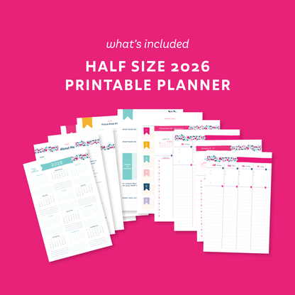 Half size 2026 printable planner sheets on a pink background
