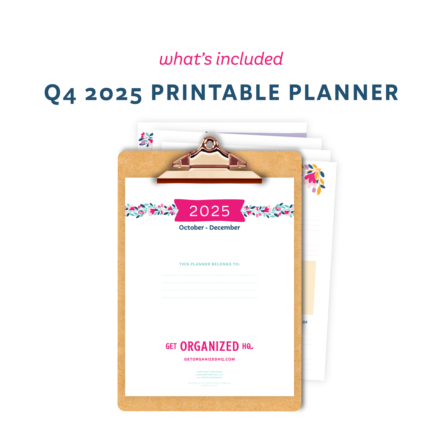 Q4 2025 printable planner on a clipboard with decorative elements.