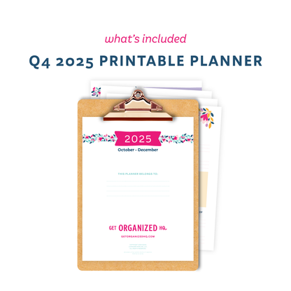 Q4 2025 printable planner on a clipboard with decorative elements.