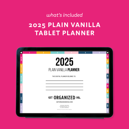 2025 Plain Vanilla Tablet Planner on a tablet with a pink background