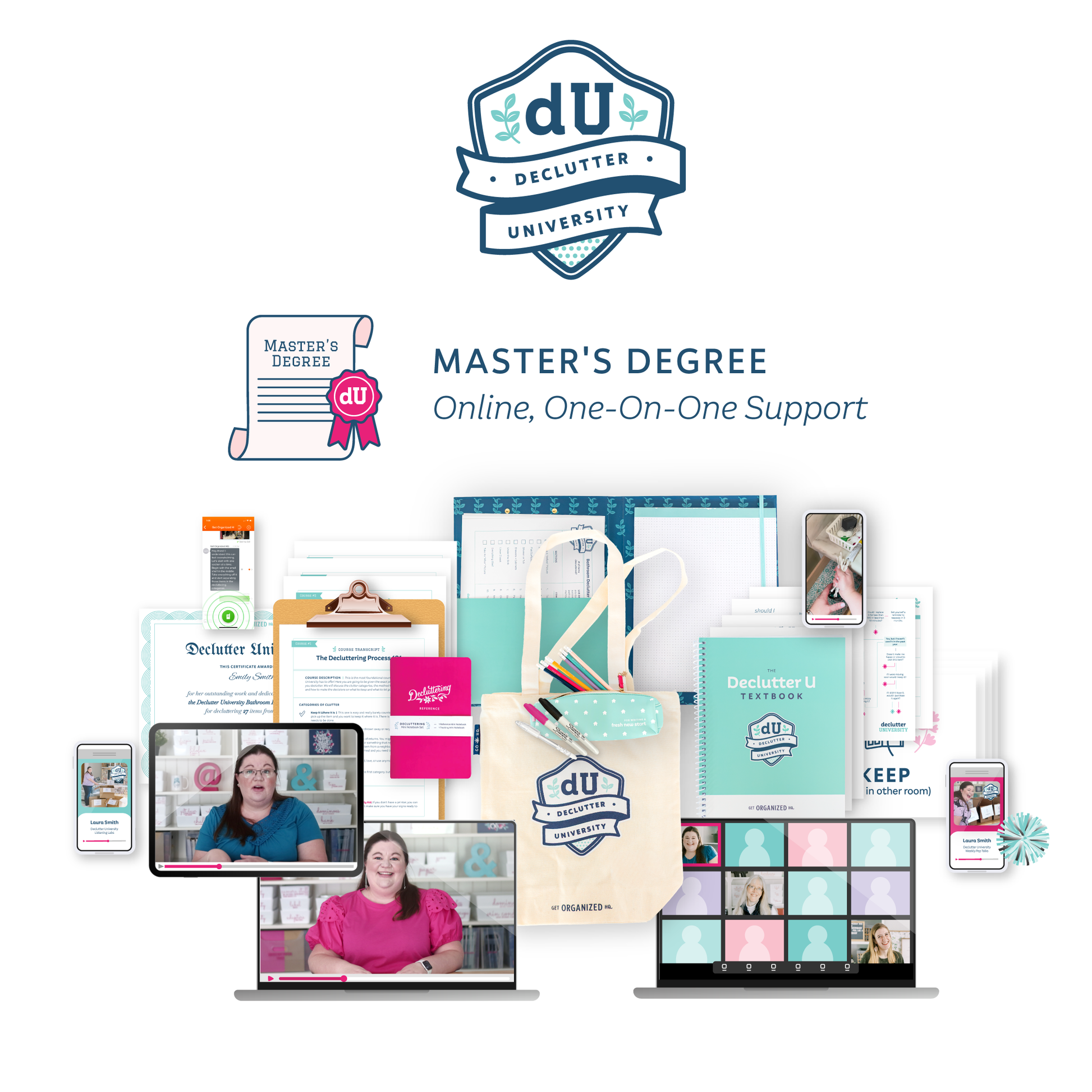 Promotional graphic for Declutter University's Master's Degree program (Online, One-On-One Support) with various elements and branding.