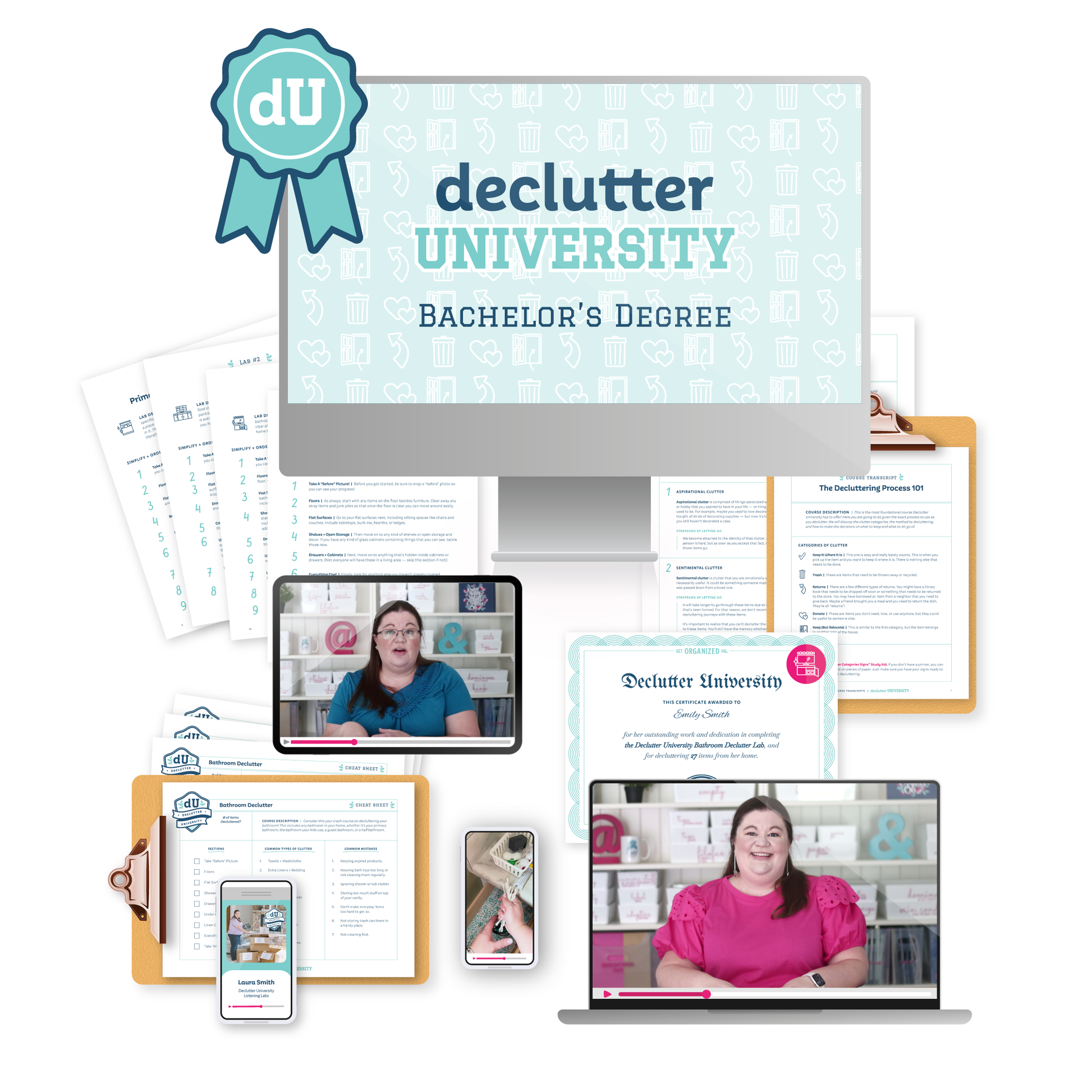 A mockup of everything included in the Declutter University Bachelor's Degree — including videos of Laura, a certificate, several printables, and more.