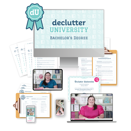 A mockup of everything included in the Declutter University Bachelor's Degree — including videos of Laura, a certificate, several printables, and more.