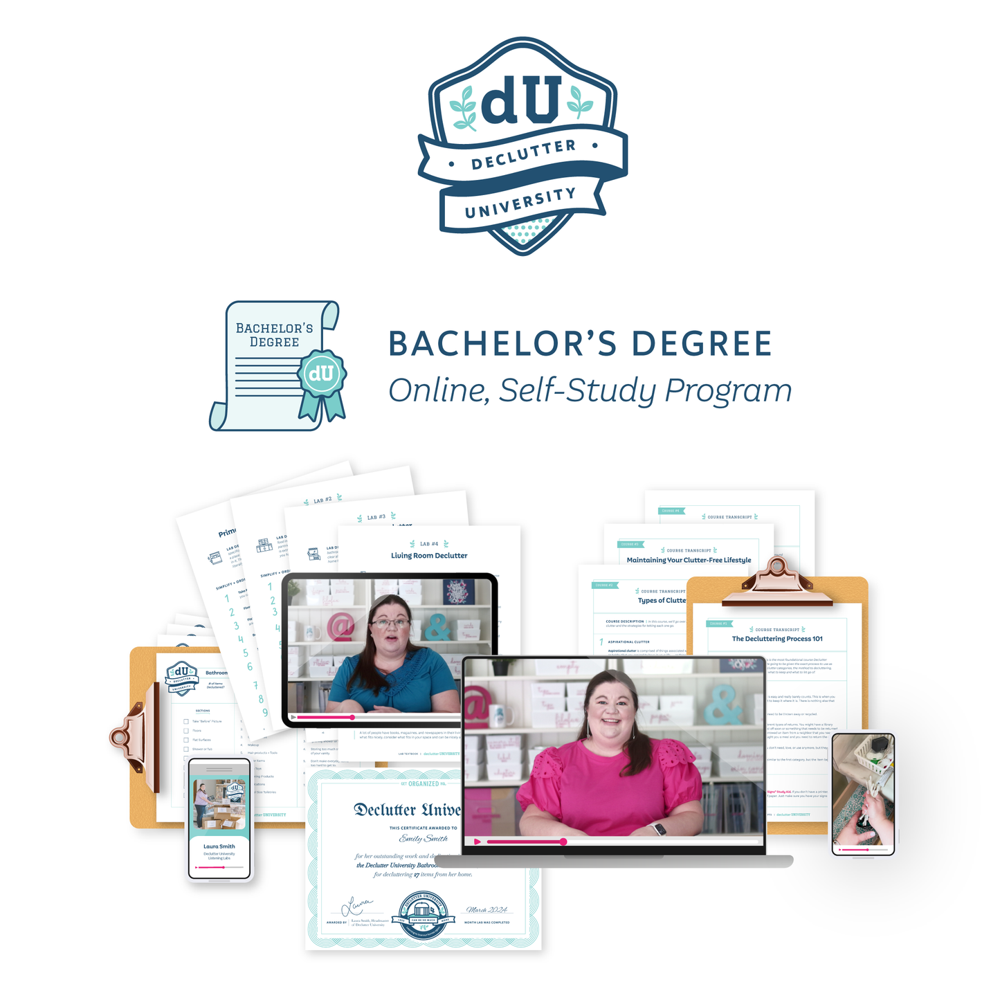 Declutter University Bachelor's Degree (Online, Self-study program) materials on a white background