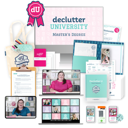 A mockup of everything included in the Declutter University Master's Degree, including a canvas tote bag, videos of Laura, a clipfolio, audio sessions, printables, and more.