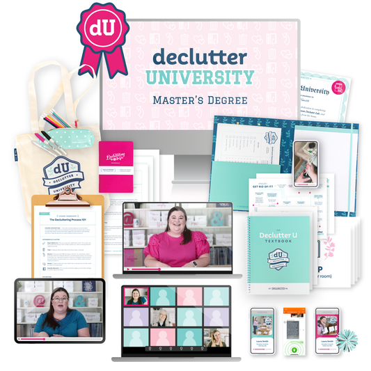 A mockup of everything included in the Declutter University Master's Degree, including a canvas tote bag, videos of Laura, a clipfolio, audio sessions, printables, and more.