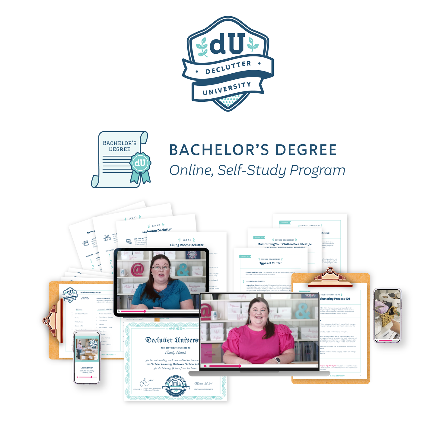 Declutter University Bachelor's Degree (Online, Self-study program) materials on a white background