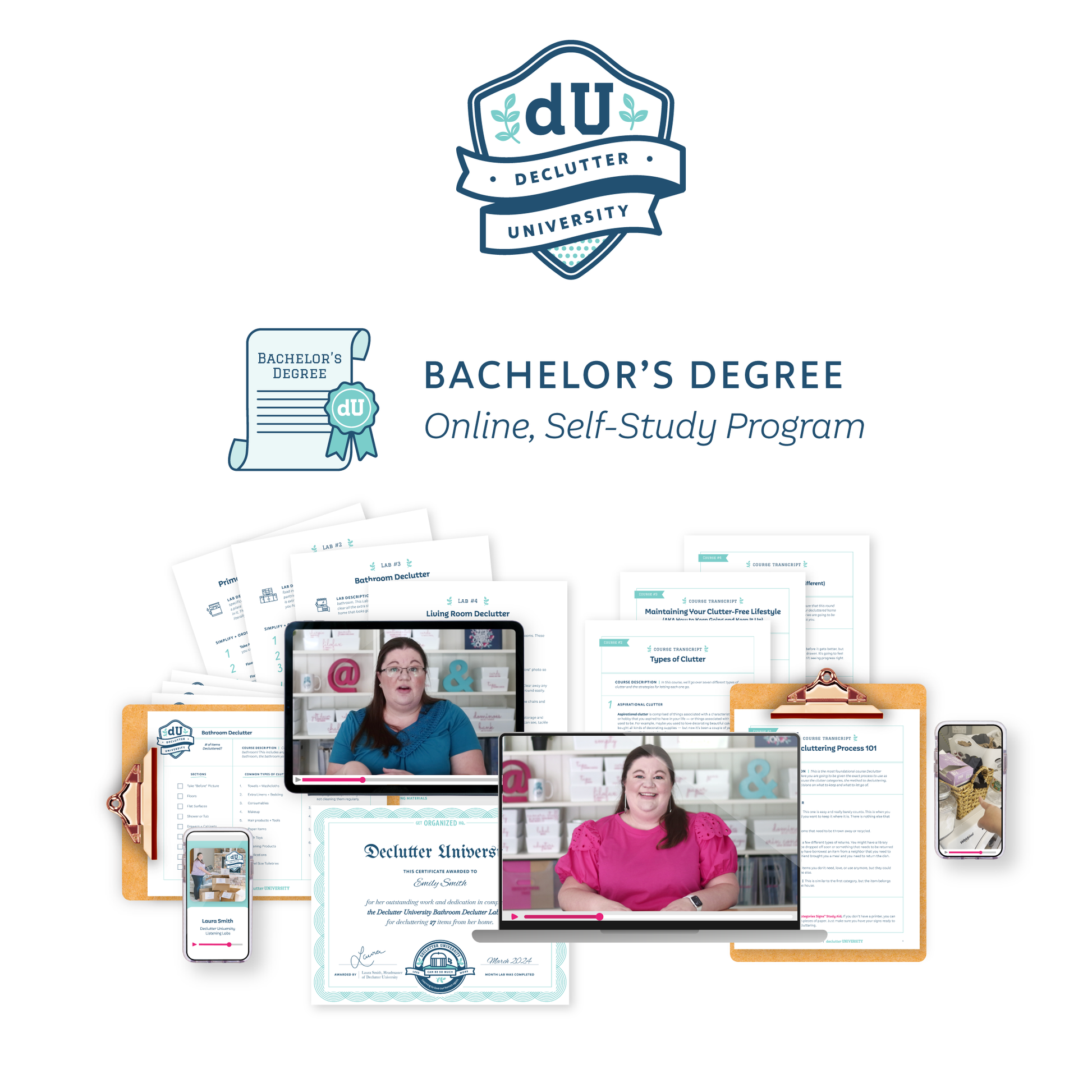 Declutter University Bachelor's Degree (Online, Self-study program) materials on a white background
