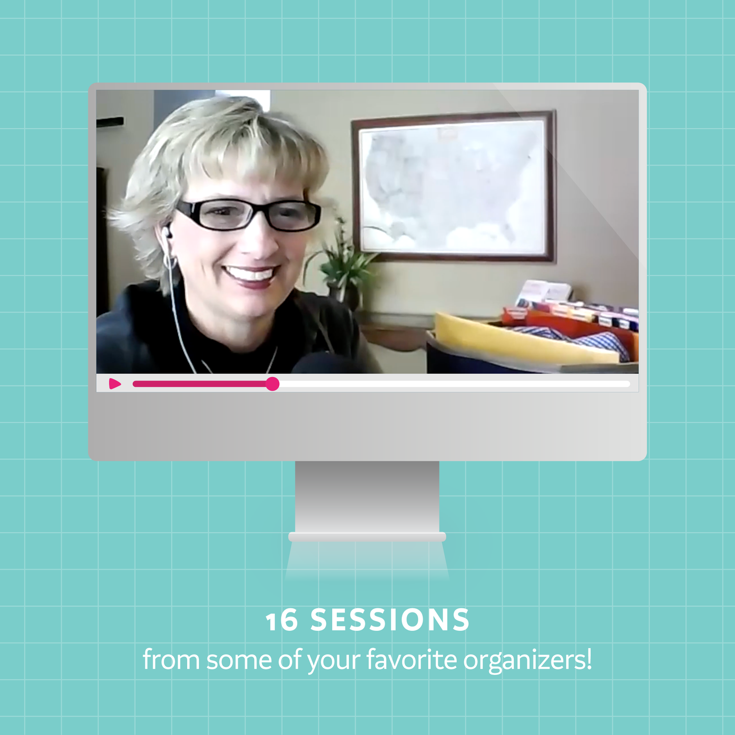 A mockup of a video of a speaker on a computer representing 16 sessions from some of your favorite organizers!