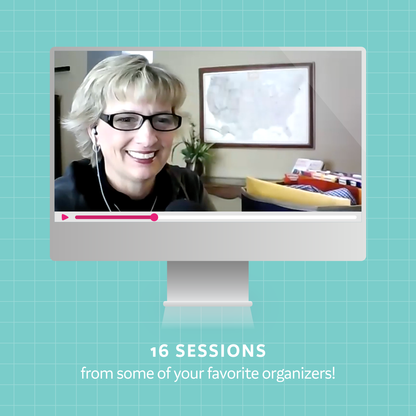 A mockup of a video of a speaker on a computer representing 16 sessions from some of your favorite organizers!
