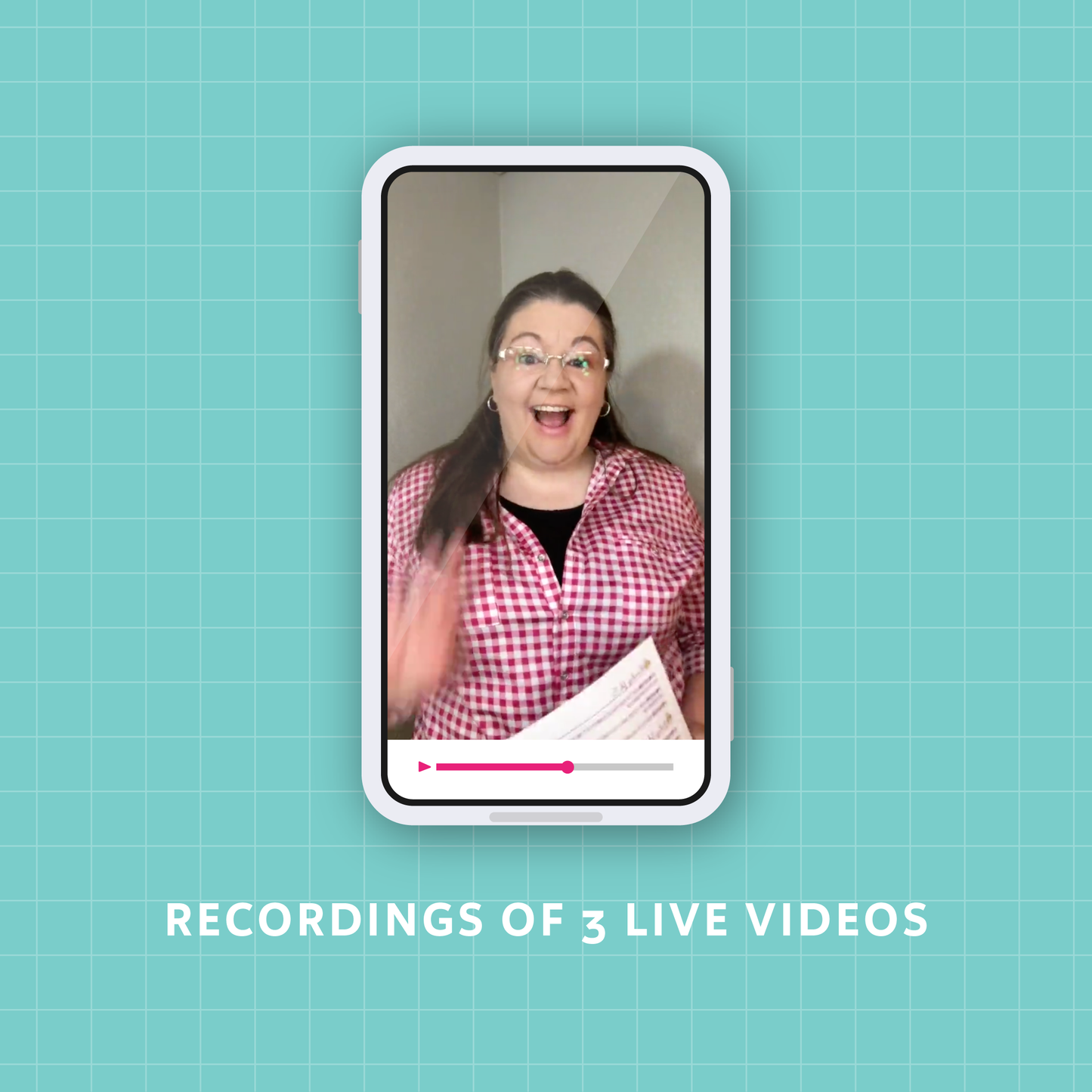 Phone screen displaying a video of Laura Smith in a checkered shirt, representing recordings of 3 Live Videos.