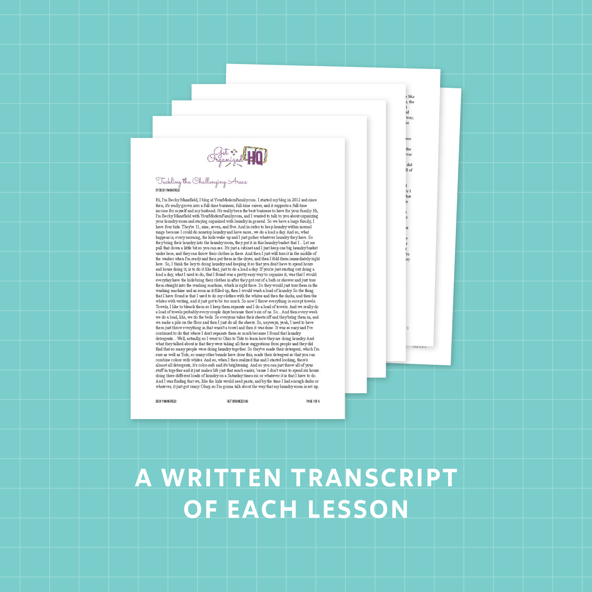Stack of written transcripts with text, representing a Written Transcripts for each lesson.