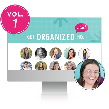 A computer mockup of Get Organized HQ Virtual Volume 1, with several speakers displayed, including Becky from Clean Mama, Dana K. White, and Laura Smith.