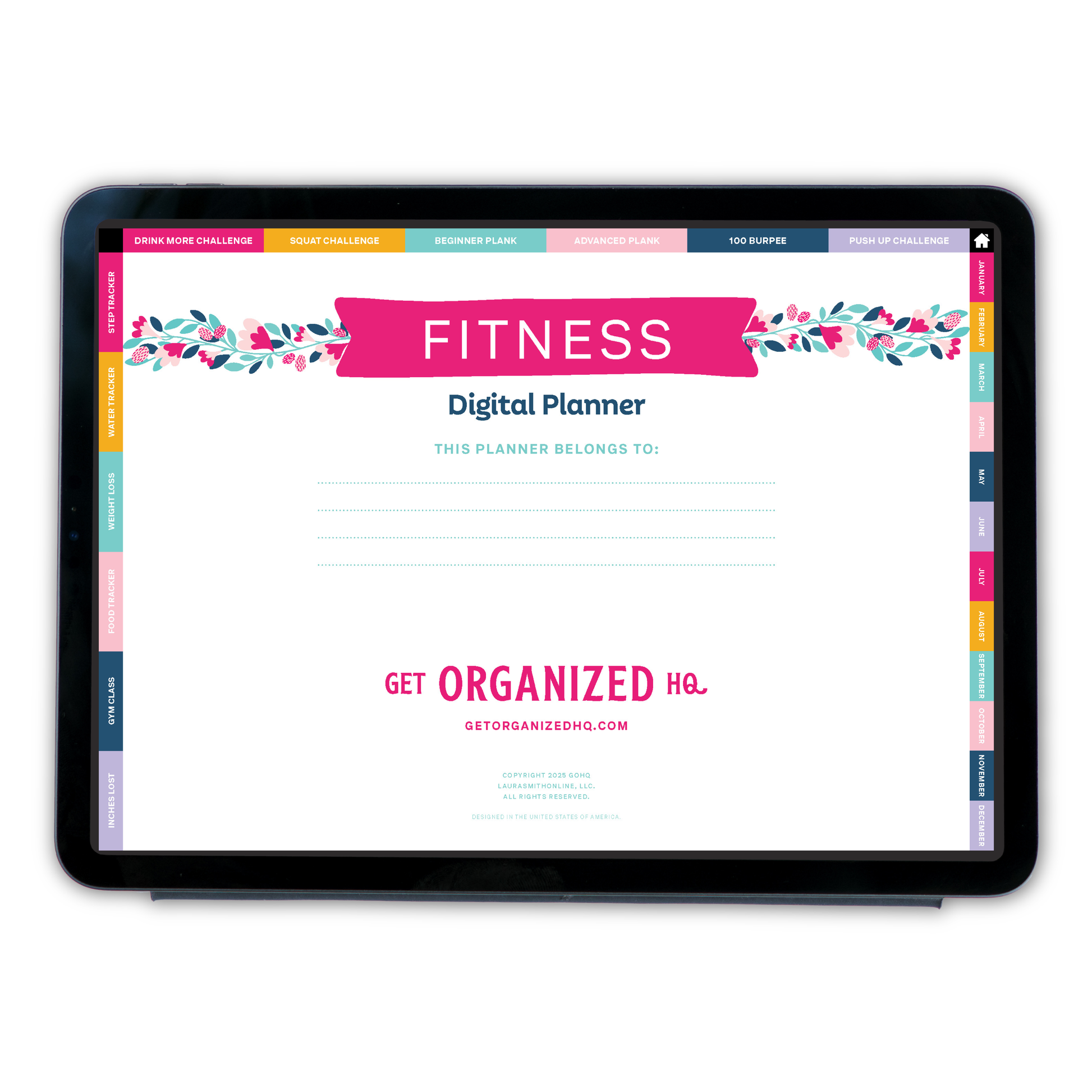 Fitness digital planner on a tablet screen with colorful design elements.