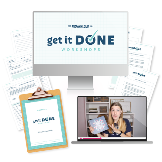 A mockup of Get It Done Workshops materials including printables and a video of Tasha.